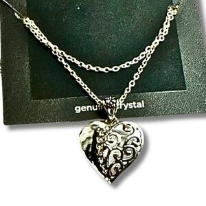 Silver Heart Pendant Shiny Genuine Crystal Accents Silver Chain Choker Necklace